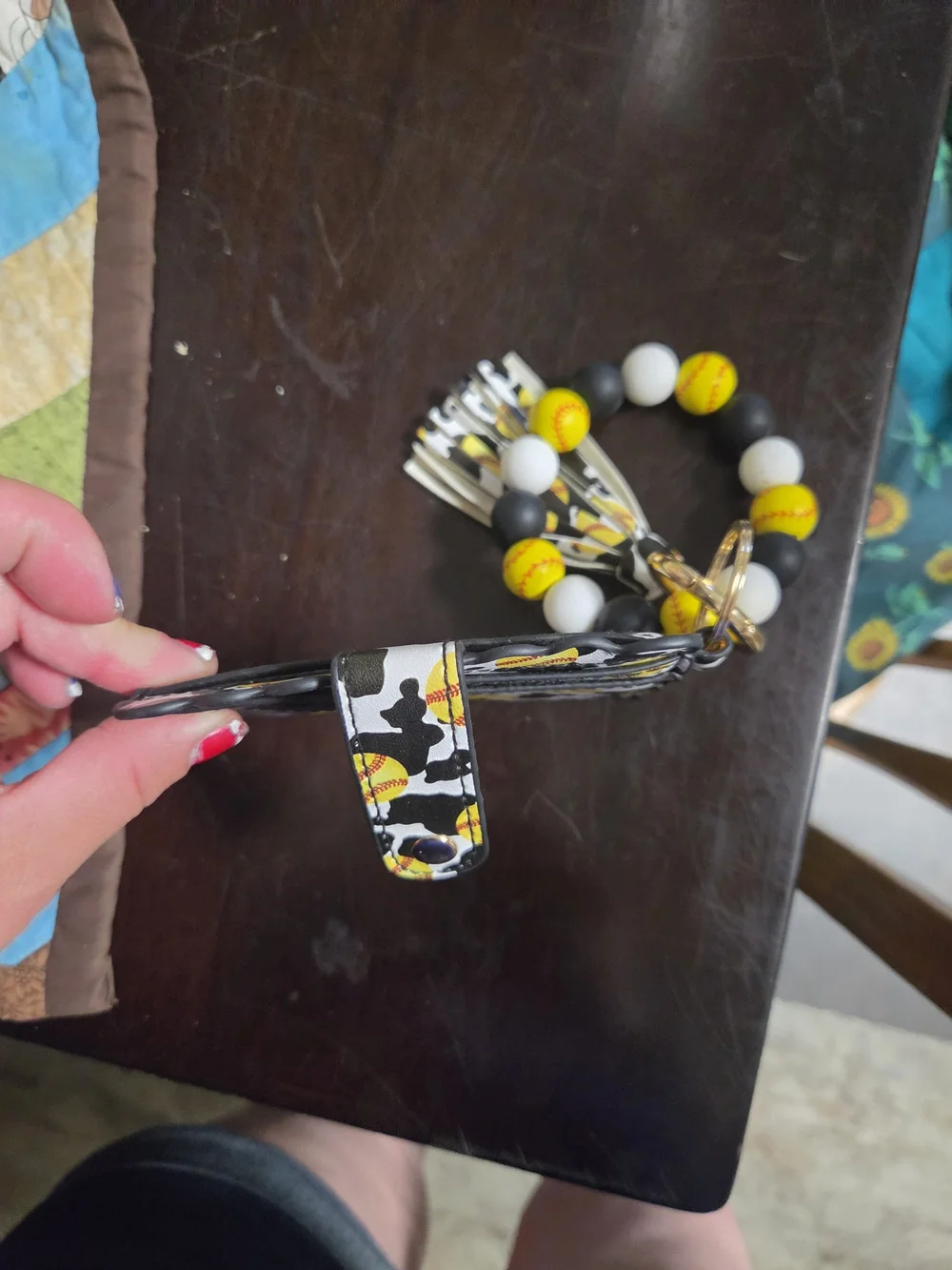 Softball Print Card Holder with Beaded Tassel Keychain - Yellow & Black